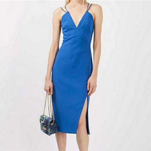 Topshop Dresses & Skirts - TOPSHOP Royal Blue Strappy Eyelet Sleeveless Plunge Slit Fitted Midi Dress